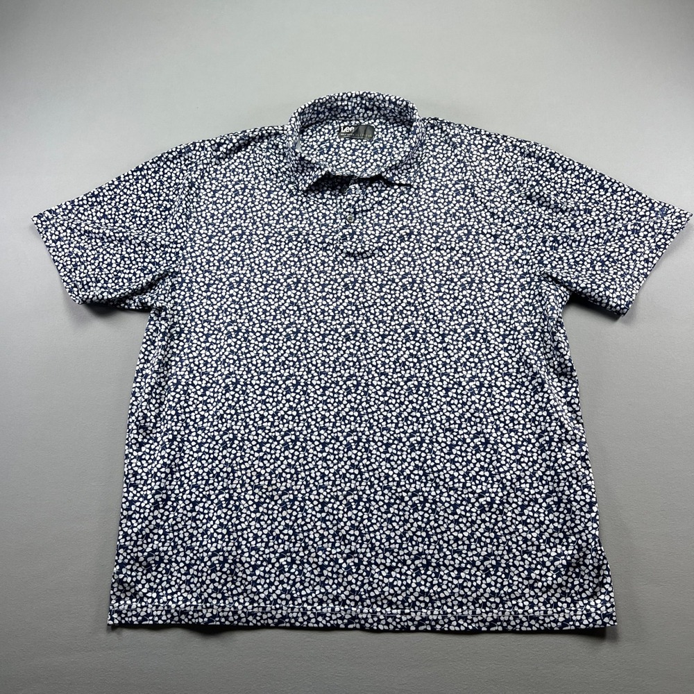 Lee Polo Shirt Men XL Blue White All-Over Foliage Print Golf Performance Popover